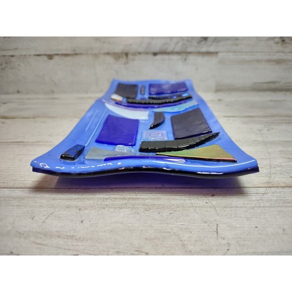 SIGNED Lorraine Art Fused Glass Shimmer Abstract Mosaic Cobalt Wave Trinket Dish - Picture 12 of 14
